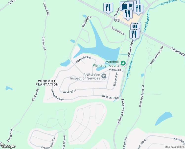 map of restaurants, bars, coffee shops, grocery stores, and more near 5398 Windmill Parkway in Evans