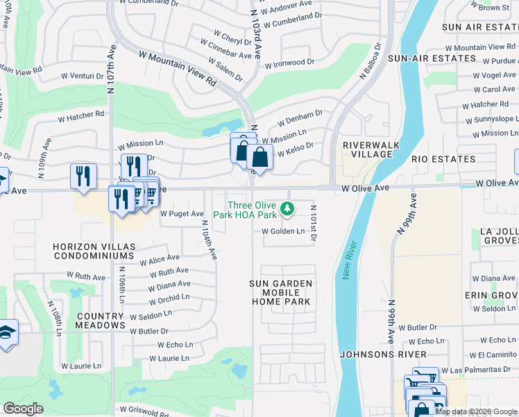 map of restaurants, bars, coffee shops, grocery stores, and more near 8902 North 102nd Lane in Peoria