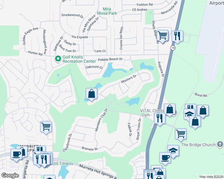 map of restaurants, bars, coffee shops, grocery stores, and more near 38303 Back 9 Court in Murrieta