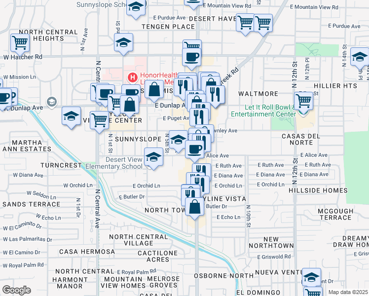 map of restaurants, bars, coffee shops, grocery stores, and more near 531 East Alice Avenue in Phoenix