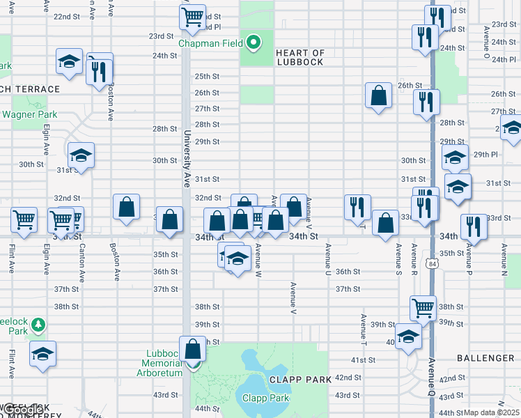 map of restaurants, bars, coffee shops, grocery stores, and more near 2323 33rd Street in Lubbock