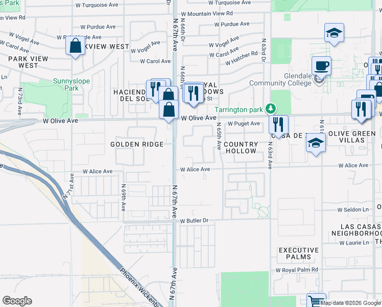 map of restaurants, bars, coffee shops, grocery stores, and more near 8762 North 66th Drive in Glendale