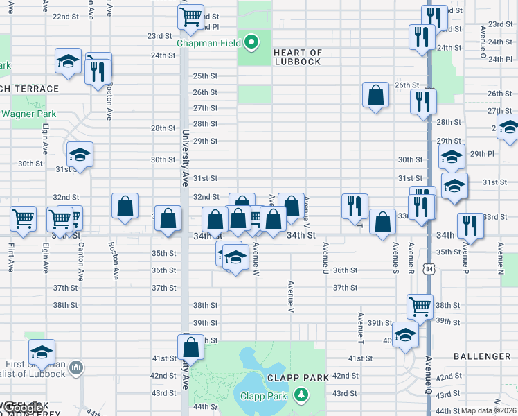 map of restaurants, bars, coffee shops, grocery stores, and more near 2323 33rd Street in Lubbock