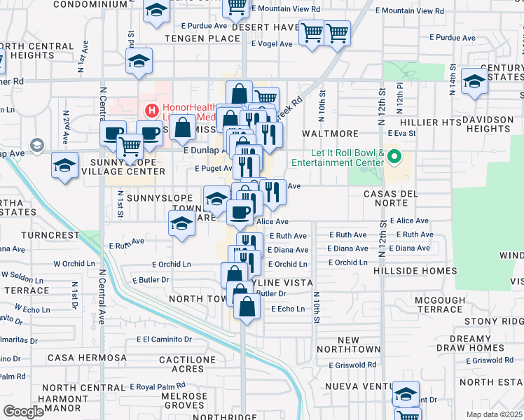map of restaurants, bars, coffee shops, grocery stores, and more near 805 East Alice Avenue in Phoenix