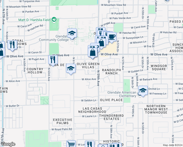 map of restaurants, bars, coffee shops, grocery stores, and more near 5936 West Alice Avenue in Glendale