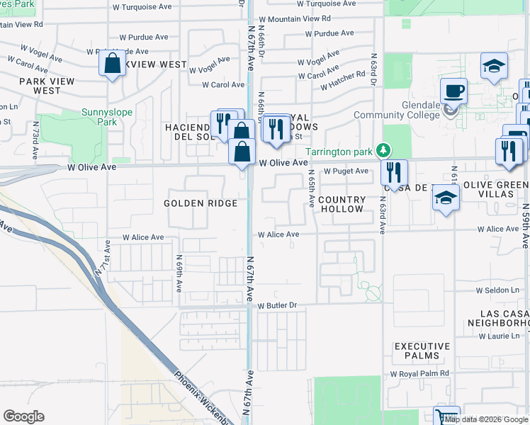 map of restaurants, bars, coffee shops, grocery stores, and more near 8762 North 66th Drive in Glendale