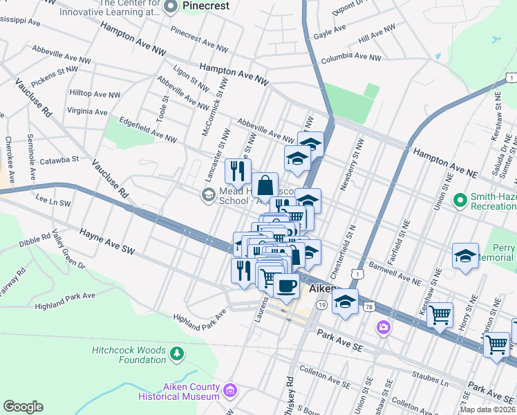 map of restaurants, bars, coffee shops, grocery stores, and more near 153 Pendleton Street Northwest in Aiken