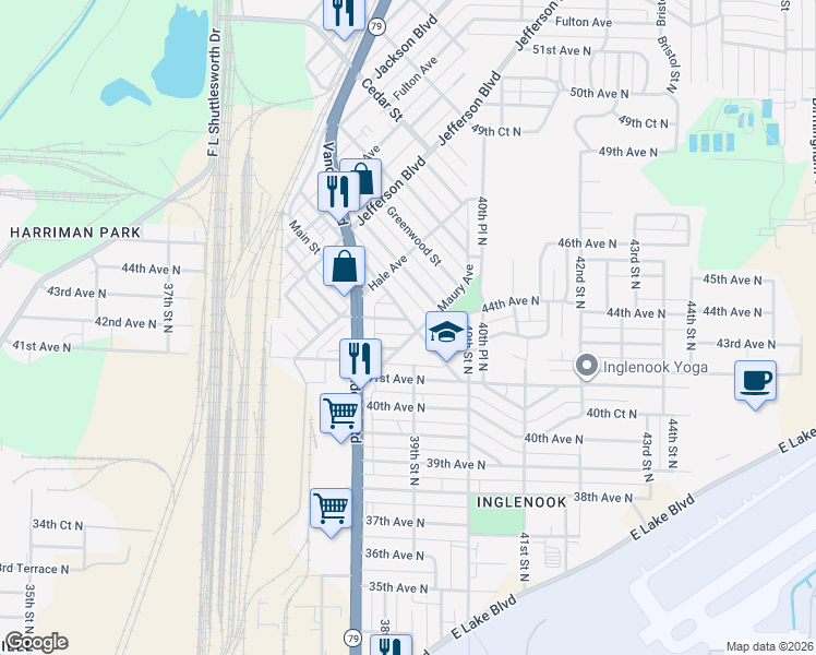 map of restaurants, bars, coffee shops, grocery stores, and more near 4120 Inglenook Street in Birmingham