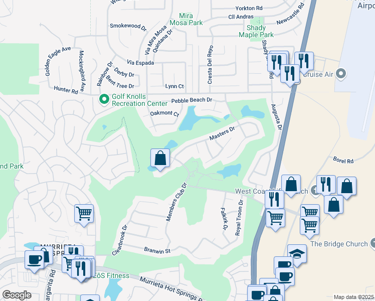 map of restaurants, bars, coffee shops, grocery stores, and more near 29449 Masters Drive in Murrieta