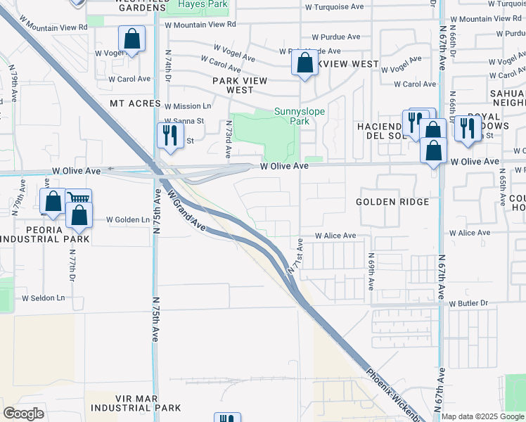 map of restaurants, bars, coffee shops, grocery stores, and more near 7181 West Lawrence Lane in Peoria