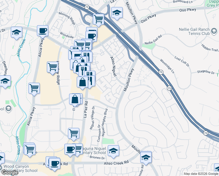 map of restaurants, bars, coffee shops, grocery stores, and more near 27321 Sahara Place in Laguna Niguel