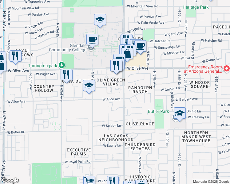map of restaurants, bars, coffee shops, grocery stores, and more near 5936 West Alice Avenue in Glendale
