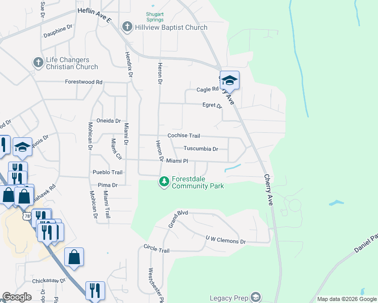 map of restaurants, bars, coffee shops, grocery stores, and more near 835 Miami Place in Birmingham