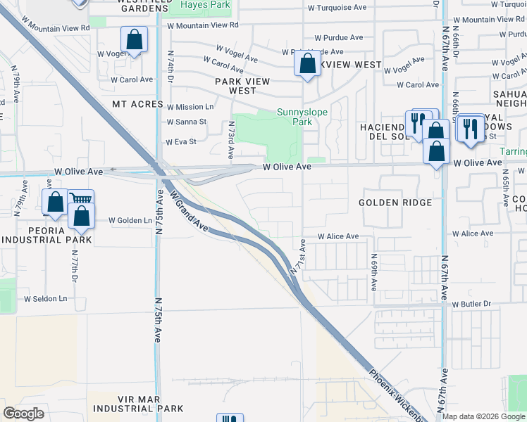 map of restaurants, bars, coffee shops, grocery stores, and more near 7185 West Townley Avenue in Peoria