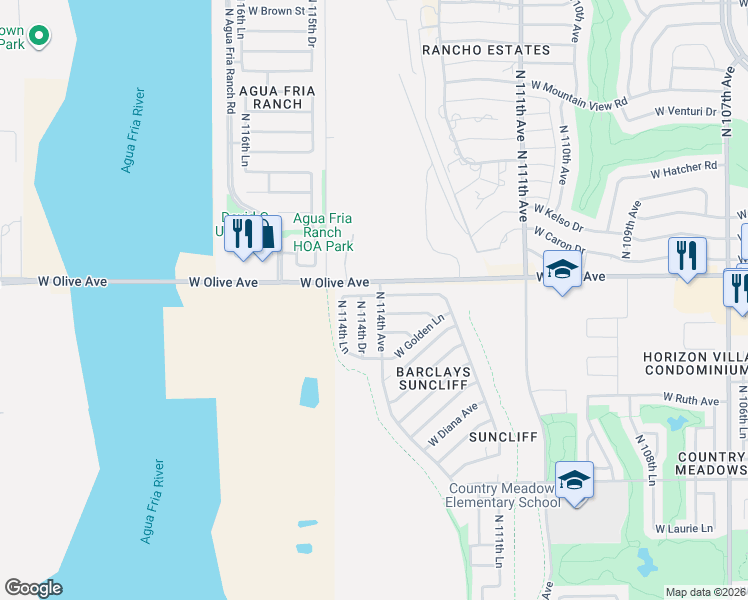 map of restaurants, bars, coffee shops, grocery stores, and more near 11402 West Puget Avenue in Peoria