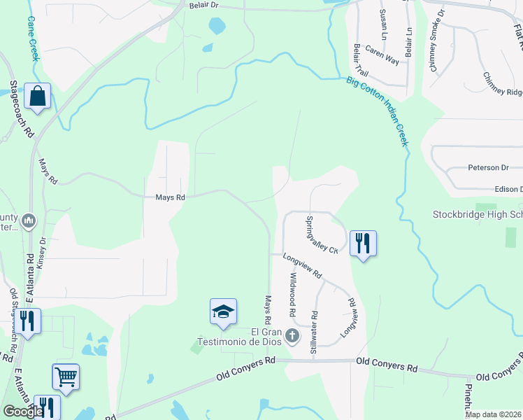 map of restaurants, bars, coffee shops, grocery stores, and more near 270 Mays Road in Stockbridge