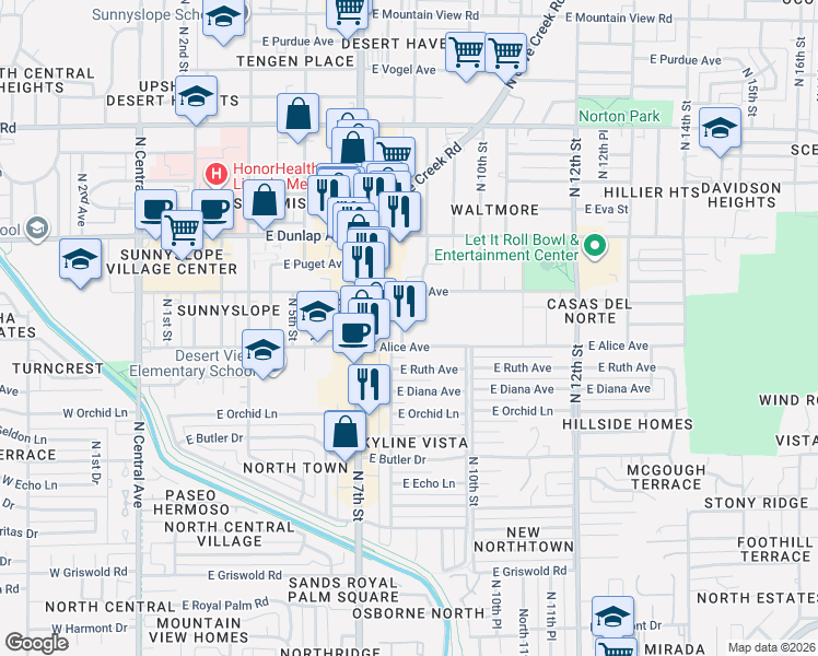 map of restaurants, bars, coffee shops, grocery stores, and more near 8841 North 8th Street in Phoenix
