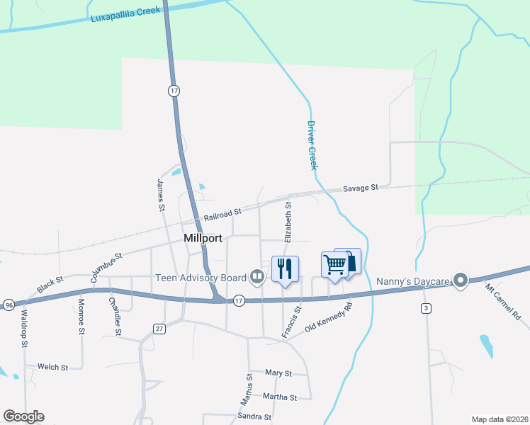 map of restaurants, bars, coffee shops, grocery stores, and more near 263 Savage Street in Millport