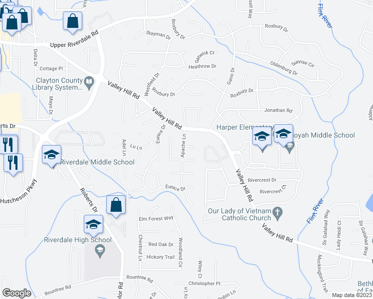 map of restaurants, bars, coffee shops, grocery stores, and more near 6952 Apache Lane in Riverdale