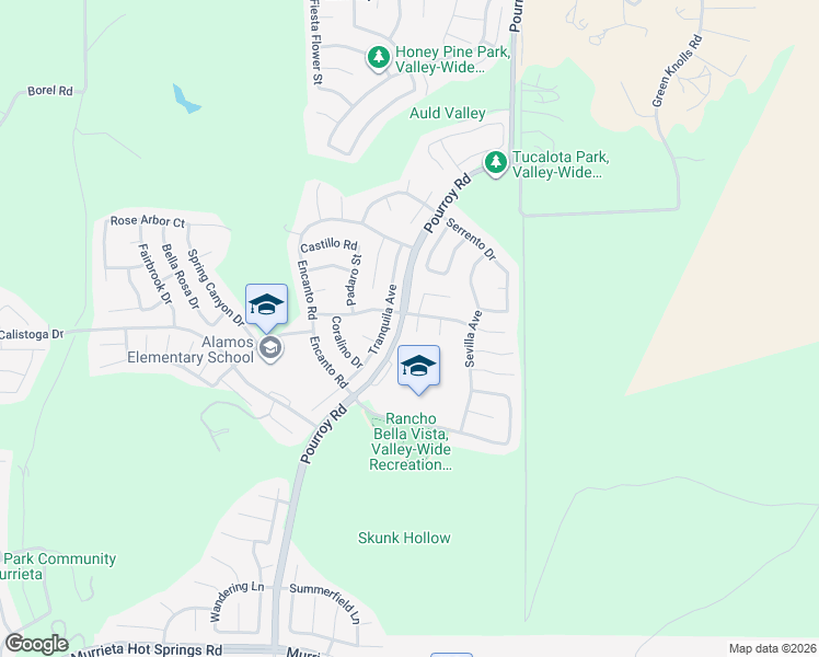 map of restaurants, bars, coffee shops, grocery stores, and more near 38279 Hermosa Court in Murrieta