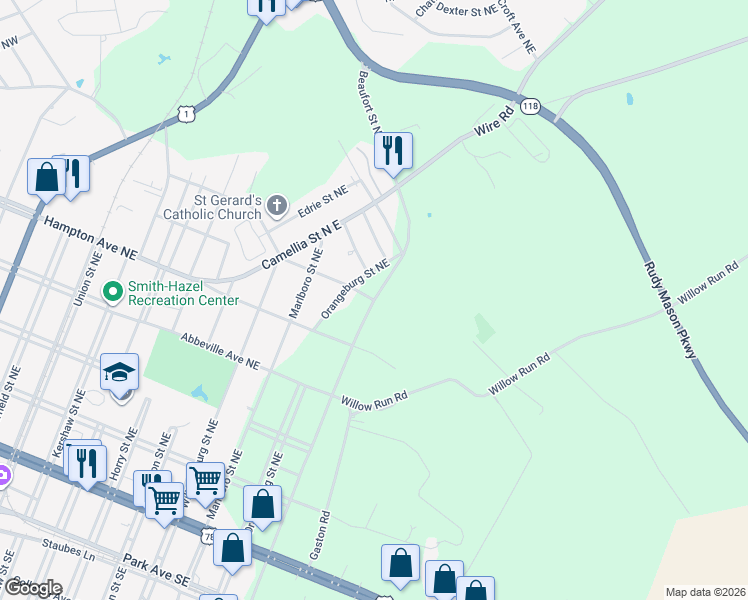 map of restaurants, bars, coffee shops, grocery stores, and more near 595 Beaufort Street Northeast in Aiken