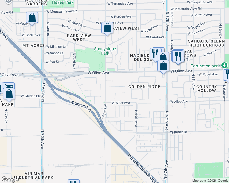 map of restaurants, bars, coffee shops, grocery stores, and more near 7012 West Townley Avenue in Peoria
