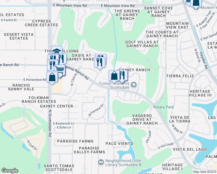 map of restaurants, bars, coffee shops, grocery stores, and more near 7207 East Gainey Ranch Road in Scottsdale