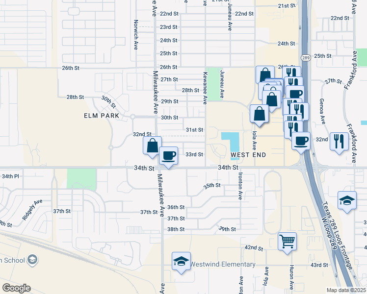 map of restaurants, bars, coffee shops, grocery stores, and more near 6404 32nd Street in Lubbock