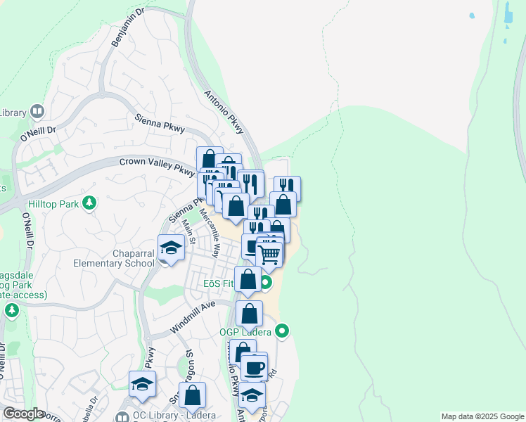 map of restaurants, bars, coffee shops, grocery stores, and more near 27402 Antonio Parkway in Ladera Ranch