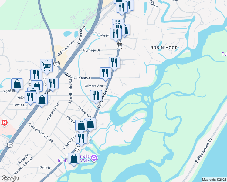 map of restaurants, bars, coffee shops, grocery stores, and more near 379 Sunnyside Avenue in Murrells Inlet