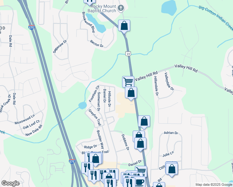 map of restaurants, bars, coffee shops, grocery stores, and more near 825 Fountain Circle in Stockbridge