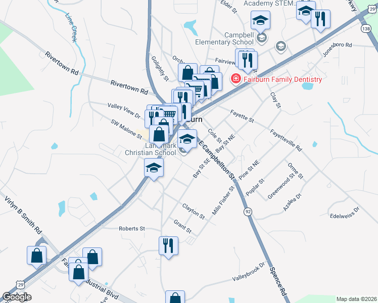 map of restaurants, bars, coffee shops, grocery stores, and more near in Fairburn
