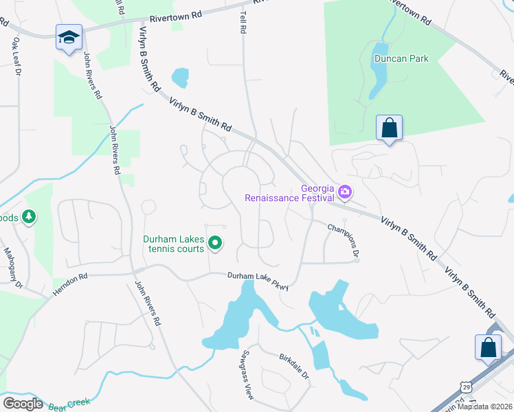 map of restaurants, bars, coffee shops, grocery stores, and more near 645 Buckingham Terrace in Fairburn
