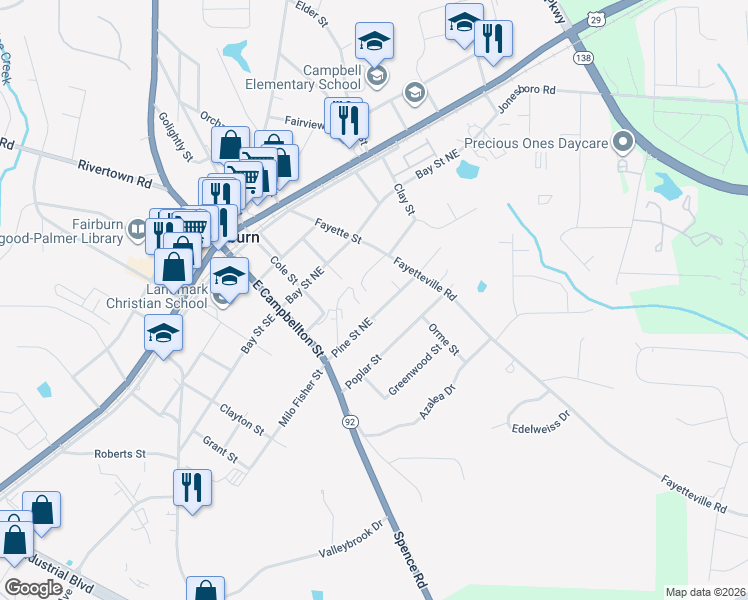 map of restaurants, bars, coffee shops, grocery stores, and more near 96 Pine Street Northeast in Fairburn