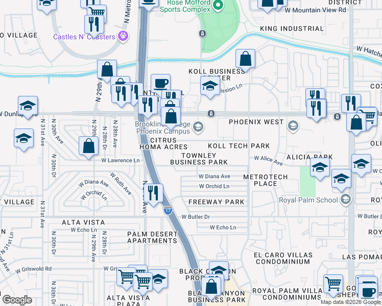 map of restaurants, bars, coffee shops, grocery stores, and more near 2535 West Townley Avenue in Phoenix