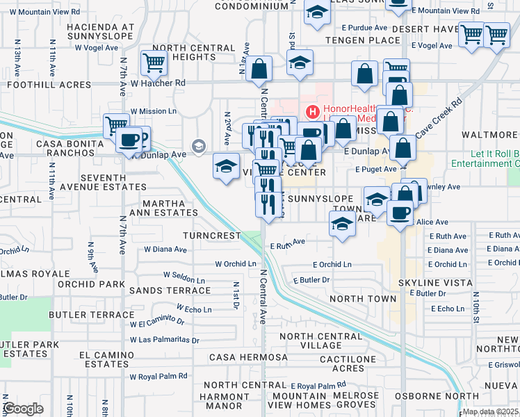 map of restaurants, bars, coffee shops, grocery stores, and more near 8831 North Central Avenue in Phoenix