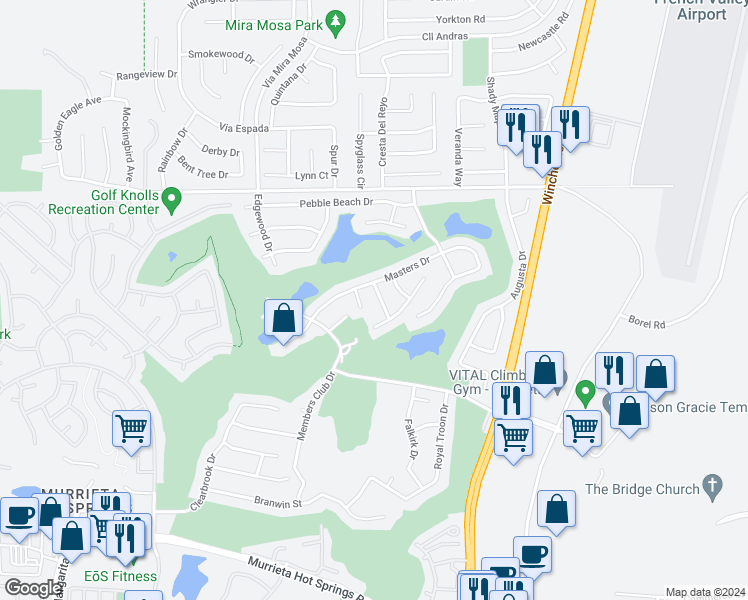 map of restaurants, bars, coffee shops, grocery stores, and more near 38305 Highpointe Lane in Murrieta