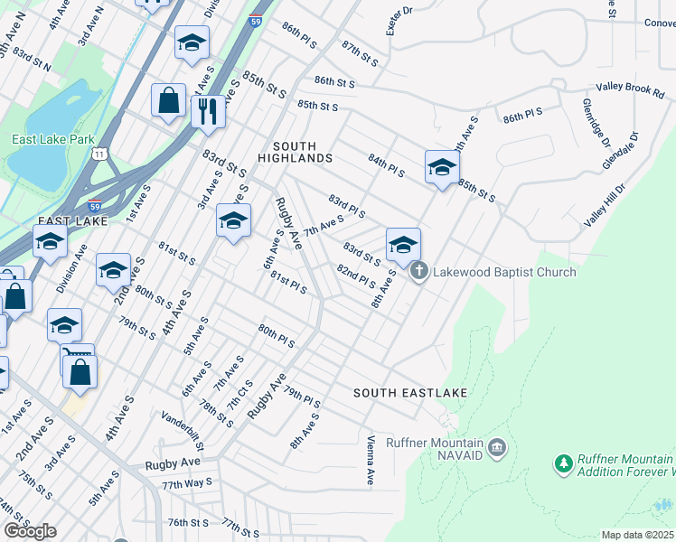 map of restaurants, bars, coffee shops, grocery stores, and more near 730 82nd Place South in Birmingham
