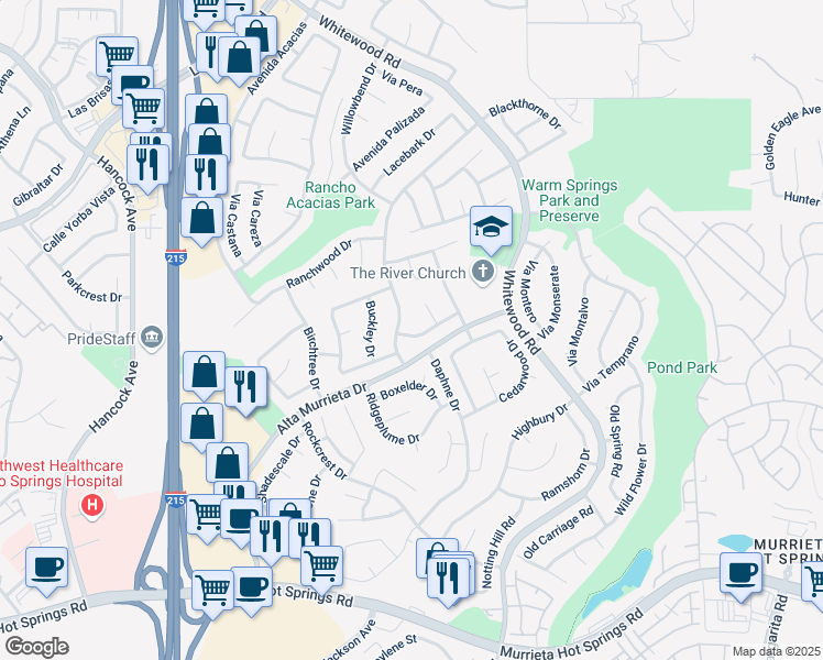 map of restaurants, bars, coffee shops, grocery stores, and more near 39765 Ridgedale Drive in Murrieta
