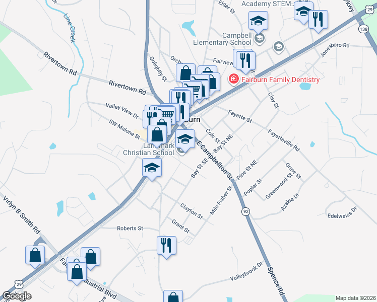 map of restaurants, bars, coffee shops, grocery stores, and more near 66 East Campbellton Street in Fairburn