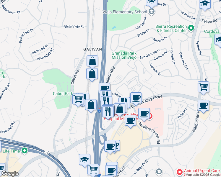 map of restaurants, bars, coffee shops, grocery stores, and more near 27274 Las Ramblas in Mission Viejo