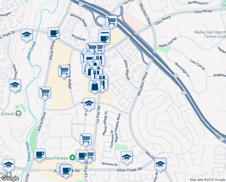 map of restaurants, bars, coffee shops, grocery stores, and more near 24273 Airporter Way in Laguna Niguel