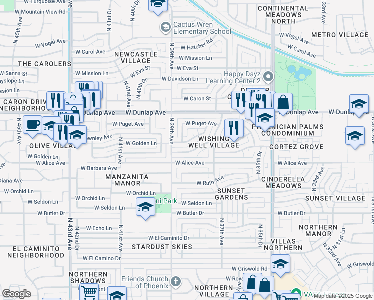 map of restaurants, bars, coffee shops, grocery stores, and more near 3814 West Golden Lane in Phoenix
