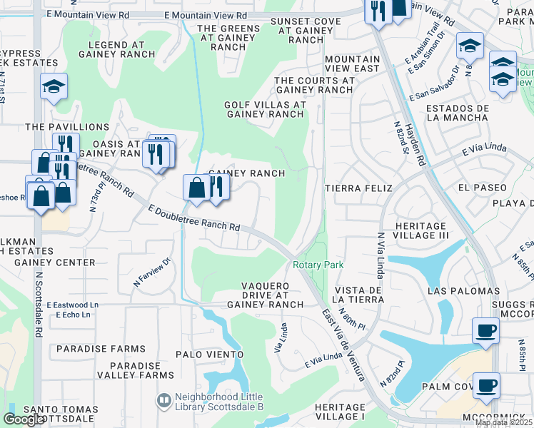 map of restaurants, bars, coffee shops, grocery stores, and more near 8777 North Gainey Center Drive in Scottsdale