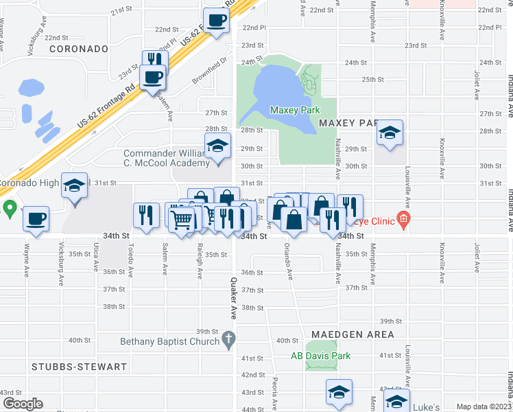 map of restaurants, bars, coffee shops, grocery stores, and more near 4307 32nd Street in Lubbock