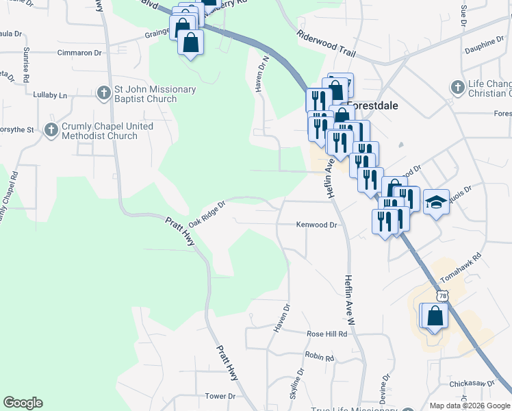 map of restaurants, bars, coffee shops, grocery stores, and more near 711 Oak Ridge Drive in Birmingham