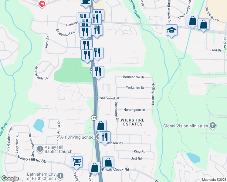 map of restaurants, bars, coffee shops, grocery stores, and more near 6906 Tara Boulevard in Jonesboro