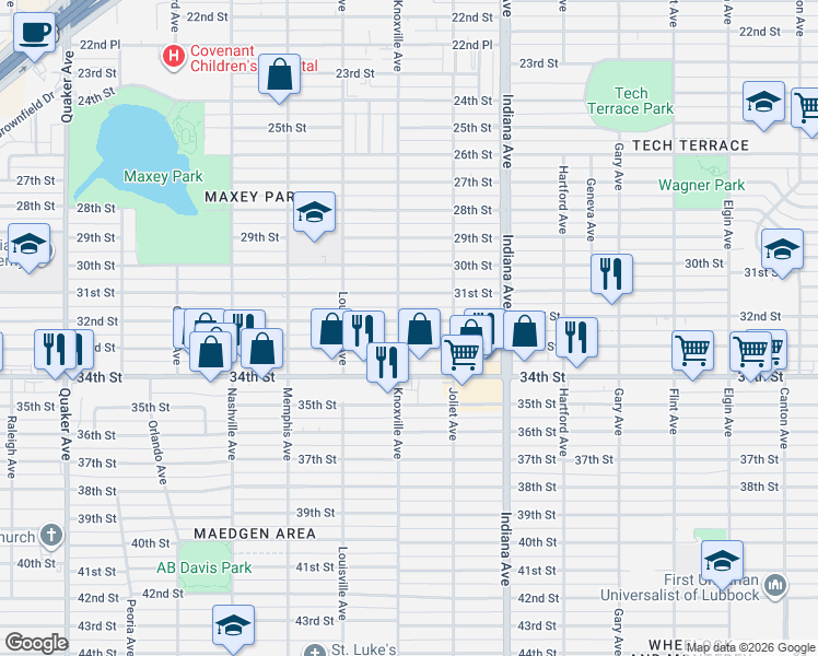 map of restaurants, bars, coffee shops, grocery stores, and more near 3520 32nd Street in Lubbock