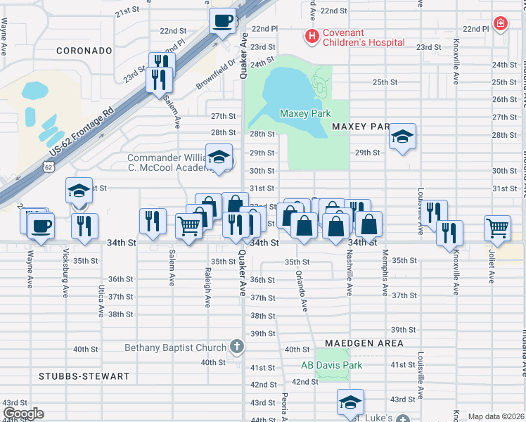 map of restaurants, bars, coffee shops, grocery stores, and more near 4310 32nd Street in Lubbock
