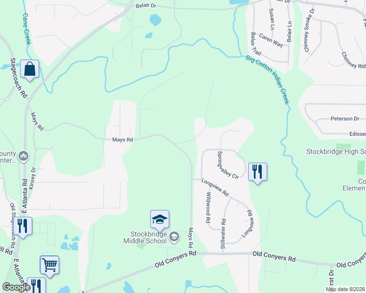 map of restaurants, bars, coffee shops, grocery stores, and more near 270 Mays Road in Stockbridge
